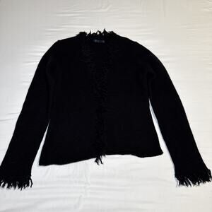 Boden Cardigan Womens Medium Black 100% Lambs Wool Fringe Hook Eye Knit Sweater